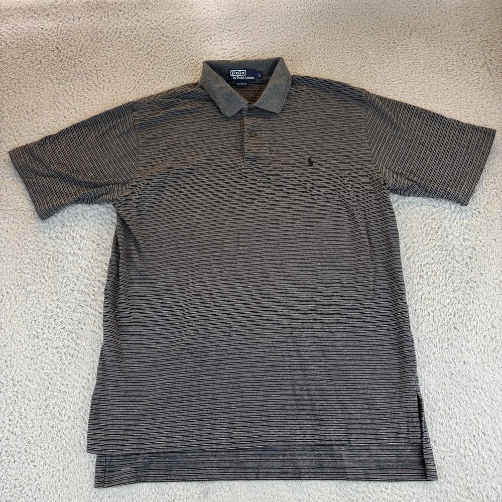 Polo By Ralph Lauren Vintage Men's Large Short Sleeve Grey Striped Polo 90's